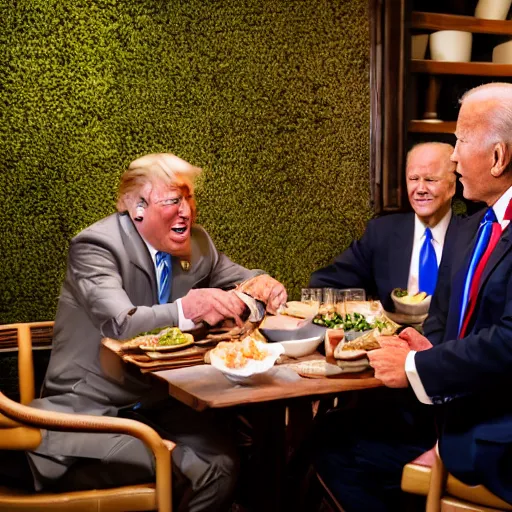 Image similar to Trump and Biden having dinner at a fancy Balinese restaurant, award winning photography, sigma 85mm Lens F/1.4, blurred background, perfect faces