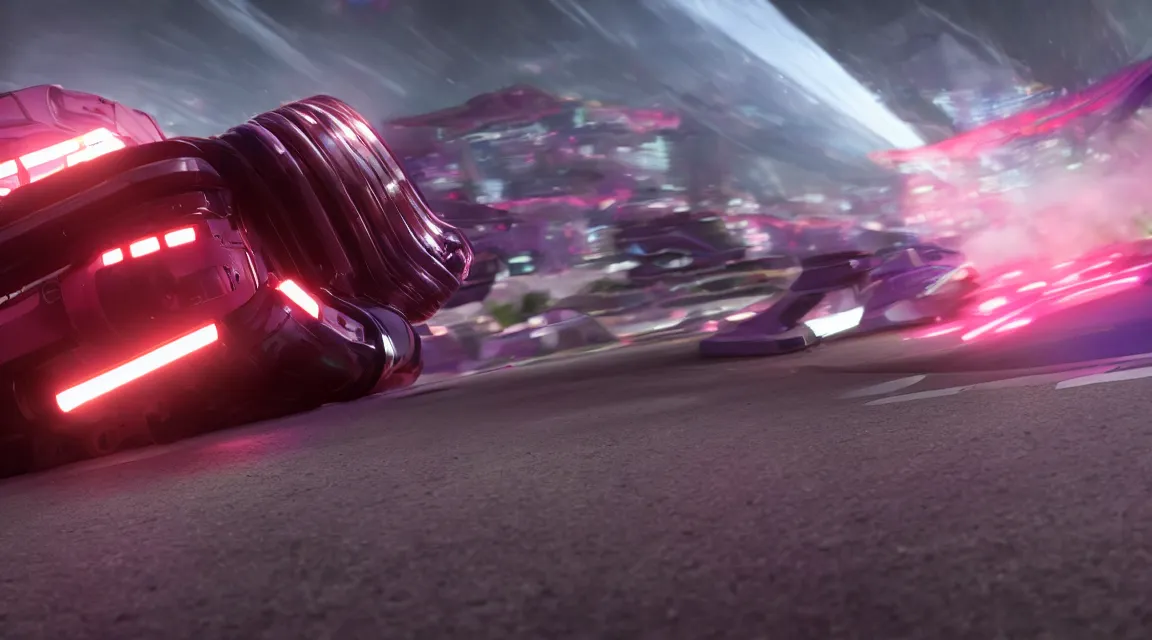 Prompt: mid to close up of a hover car from wipeout hd on a racetrack high motion blur lots of fog and very high depth of field LED strip lights on the road RTX render photorealistic 8k rendered on octane