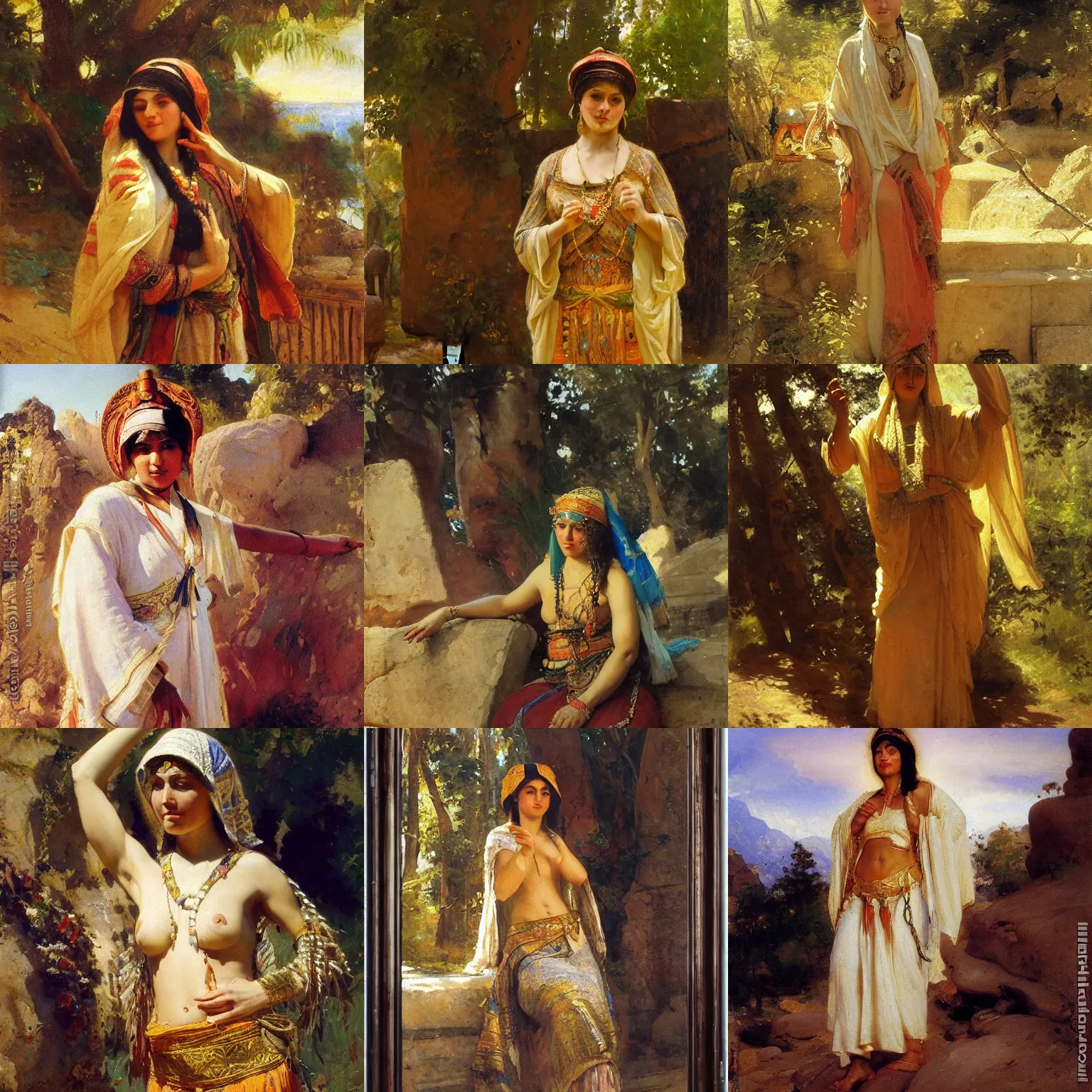 Prompt: orientalism cute priestess wearing bandeau at sacred site by theodore ralli and nasreddine dinet and anders zorn and nikolay makovsky and edwin longsden long, oil on canvas, masterful intricate artwork, excellent lighting, high detail 8 k