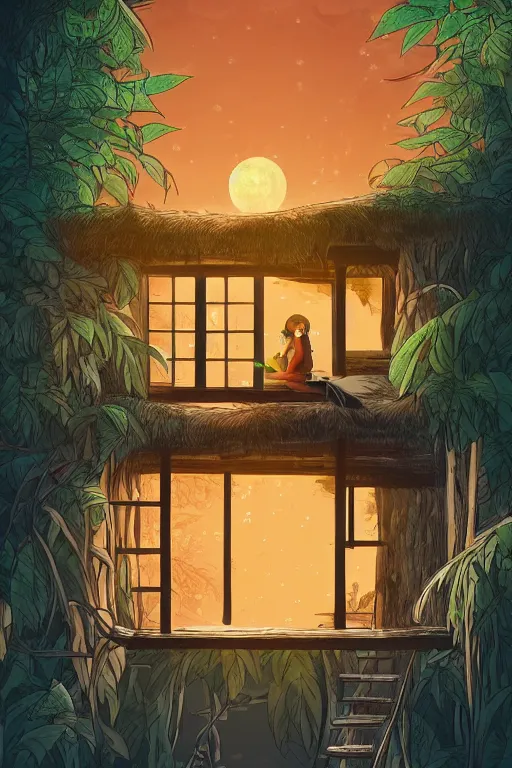 Prompt: a tree house with warm light through the window in the jungle, moonlight, night, by alba ballesta gonzalez. 4 k wallpaper, digital flat 2 d, japan animation, comic book, illustration, cinematic lighting, smooth sharp focus.