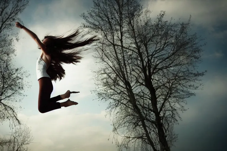 Image similar to photo of beautiful young woman that can fly hovering a few feet off the ground by Emmanuel Lubezki