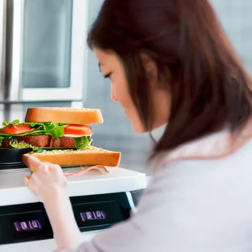 Prompt: A woman is watching her home nanotech fabrication appliance fabricate a sandwich,