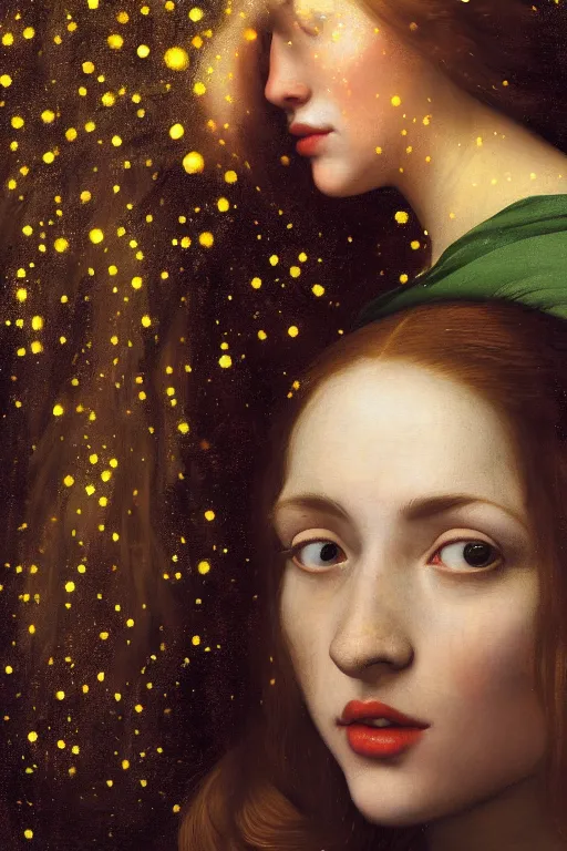 Prompt: a happy a young woman, among the lights of golden fireflies and nature, long loose red hair, intricate details, bright green eyes, freckles on the nose, round gentle face, full body portrait, sophisticated dress, golden ratio, high contrast, photorealistic digital art by artemisia lomi gentileschi and caravaggio and tomacz alen kopera.