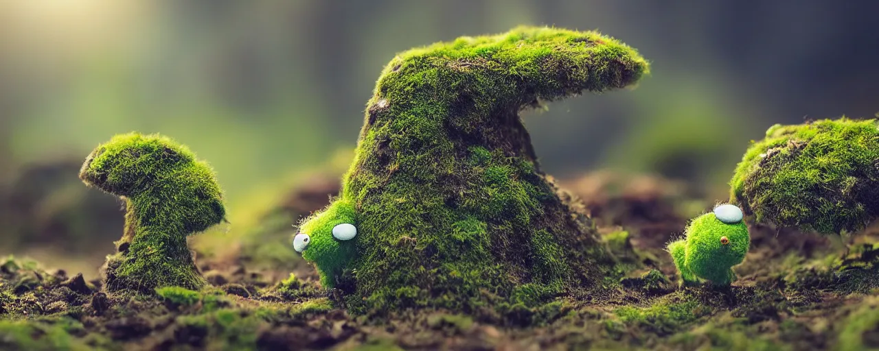 Image similar to tiny cute mossy forest creatures by bobby chiu, at sunset, macro photography, goro fujita, cute, adorable, cinematic