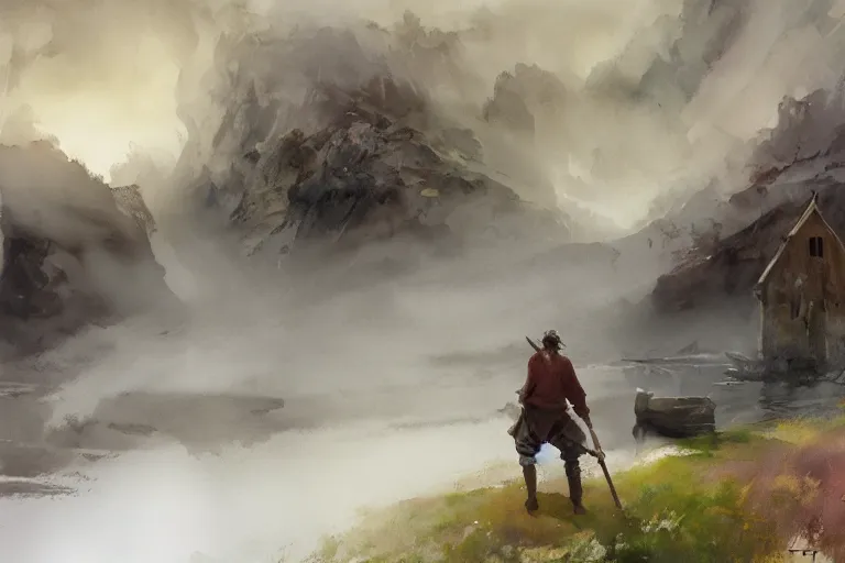 Prompt: paint brush strokes, abstract watercolor painting of rustic village, water mill stone, viking age, fog, ambient lighting, art by hans dahl, by jesper ejsing, art by anders zorn, wonderful masterpiece by greg rutkowski, cinematic light, american romanticism by greg manchess, creation by tyler edlin