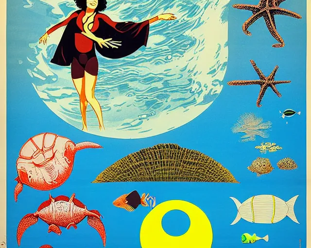 Image similar to 1976 science fiction poster, cut out, nouvelle vague, beach on the outer rim, kabuki theater, tropical sea creatures, aquatic plants, drawings in style of Monty Python Flying Corcus, composition William S Boroughs, written by Neil Gaiman