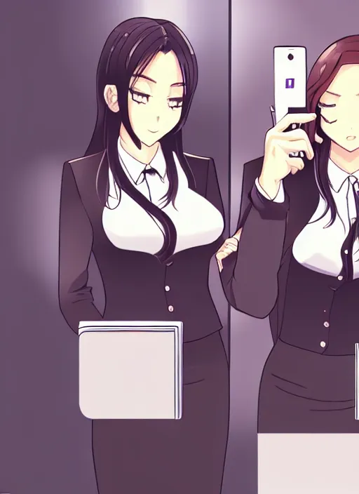 Image similar to a mirror selfie of two beautiful office ladies, gorgeous faces, thick lines, cinematic lighting, detailed anime art