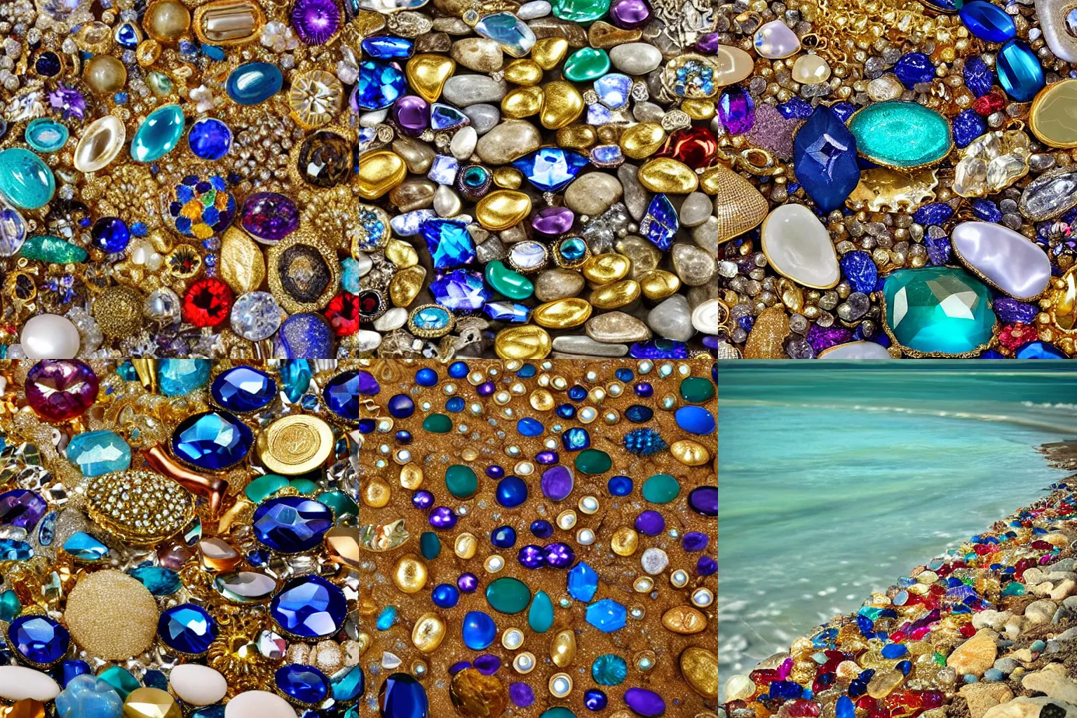 Prompt: shore made of jewels, gold and precious stones