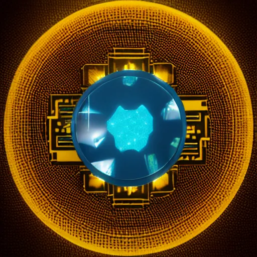 Image similar to magic golden computer chip with a glowing flat crystal in the center, product photo, macro, trending on artstation