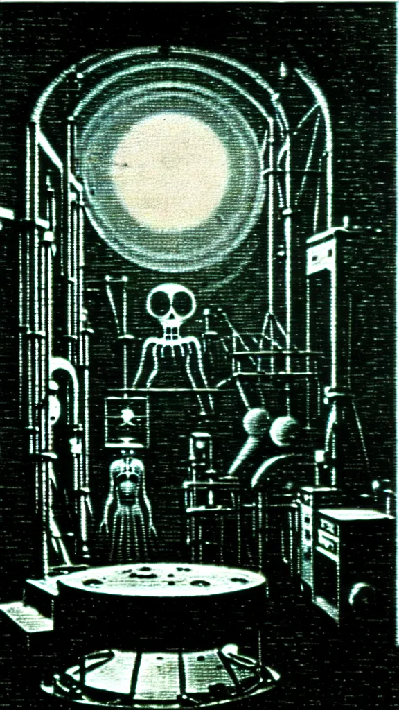 Image similar to a disturbing vintage photograph, a soviet laboratory with a portal to a dark and gothic Hieronymous Bosch H.R. Giger machinery factory polluting the land and blocking the sun