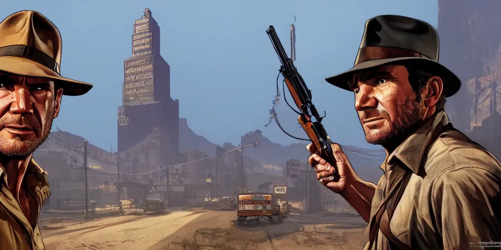 Image similar to indiana jones by himself in gta v, cover art by stephen bliss, boxart, loading screen. 8 k resolution