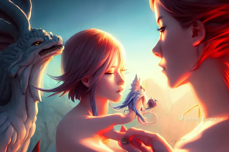 Image similar to cynical summoner girl with their mythical creatures, occlusion shadow, specular reflection, rim light, unreal engine, artgerm, artstation, art by hiroaki samura and ilya kuvshinov and ossdraws, intricate, highly detailed 8 k, fantasy illustration, extremely beautiful and aesthetic shape of face and clothes, movie poster