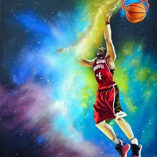 Image similar to An expressive oil painting of a basketball player dunking, depicted as an explosion of a nebula