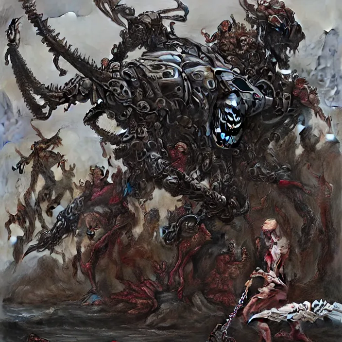Image similar to still frame from Prometheus by Jakub Rozalski and utagawa kuniyoshi, infinite Hell Scape with gigantic mecha demons and ornate bone cyborgs by Wayne Barlowe by peter Mohrbacher by Giger, dressed by Alexander McQueen and by Neri Oxman, metal couture hate couture editorial