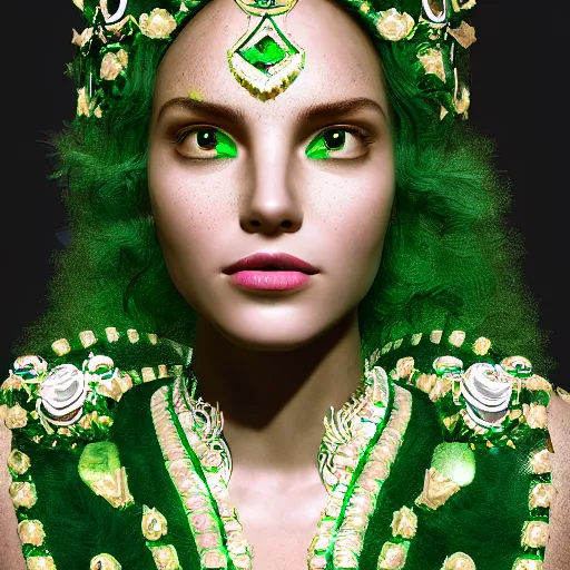 Image similar to portrait of wonderful princess of emeralds with fair skin, green flowers, ornate, 8 k, gorgeous, intricate, detailed, glowing white accent lighting, dramatic lighting, octane render