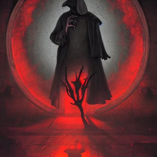 Image similar to an unholy plague doctor in a scary insane asylum, red lighting, x-ray, far away shot, stage design, Symmetrical composition, occult, evil, creepy, ominous, matte painting, cinematic, gustave dore and Johan Grenier art style, super detailed, evil colors with a trippy contrast, glitch art boarders