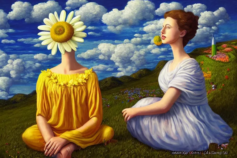 Image similar to giant daisy flower head, woman sitting, surreal, clouds in sky, impressionist painting, digital painting, artstation, rob gonsalves