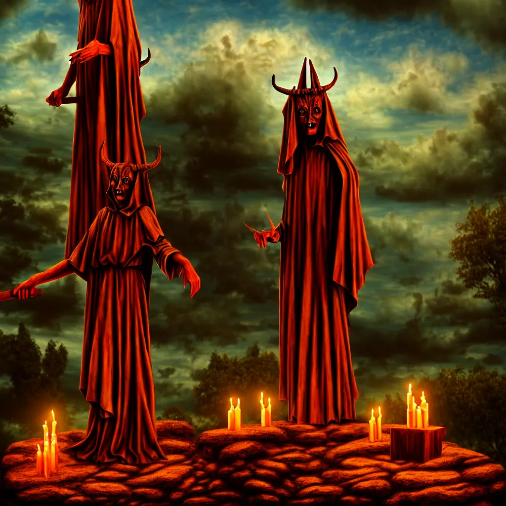 Image similar to satanic ritual, wooden statue, on a hill, a detailed matte painting, fantasy, depth of field, grim, dark, oil on canvas