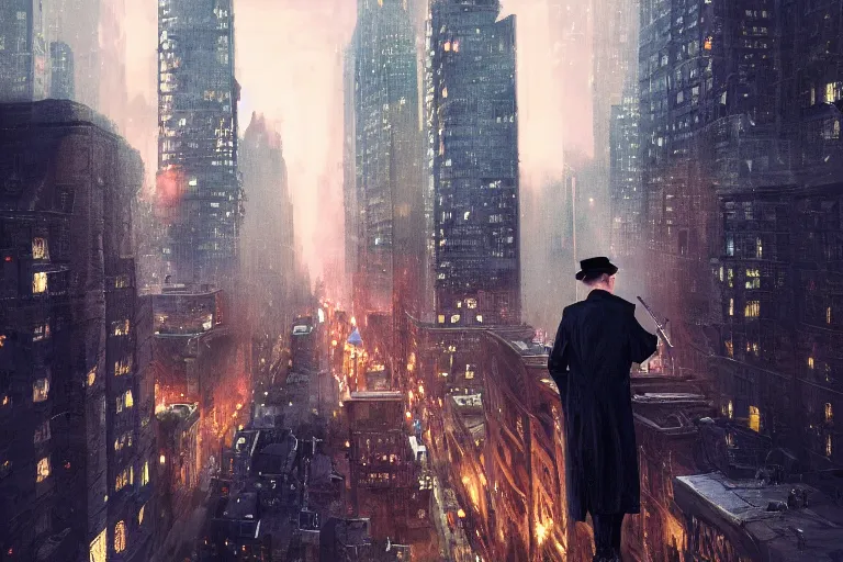 Prompt: detective wearing a trench coat in profile smoking a sherlock holmes pipe on a perch facing the city at night, smooth, focus, highly detailed, hyper realistic, dramatic lighting, intricate, concept art, new york skyline, looking down, art by wlop, greg rutowski, artstation