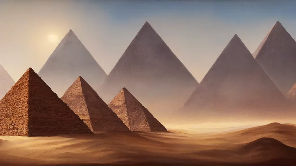 Prompt: Trending on artstation, beautiful pyramids with golden tips surrounded by desert, detailed matte painting, oil on canvas