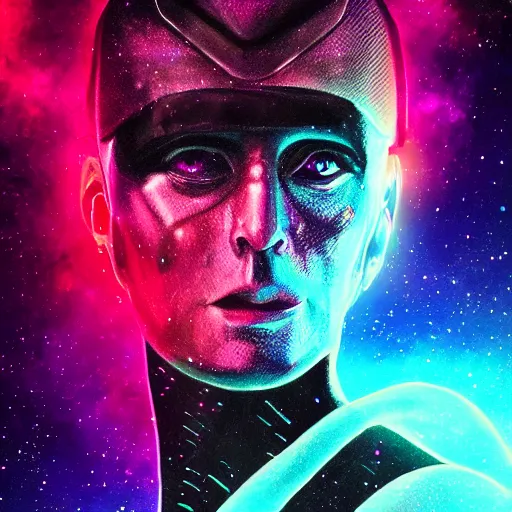 Image similar to portrait from a raven crow alien, synthwave, universe background, nebula, galaxy, artstation