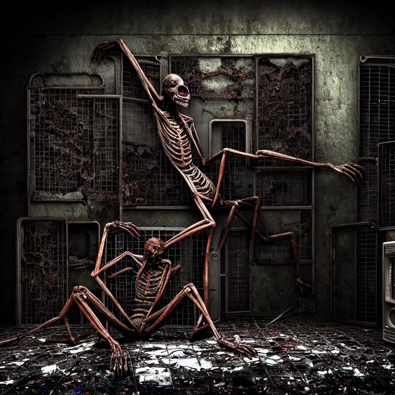 Prompt: Creepy huge suffering humanoid with long limbs sits on the floor and looks at the little old TV. An underground very dark gloomy multi-layered structure of rusty thick iron grates, dense chain-link fencing and peeling walls. Inside view, collapsed floors, bent rusted iron, masterpiece, black background, corners, cinematic, hyperdetailed, photorealistic, hyperrealism, octane render, 8k, depth of field, bokeh, architecture, shadows