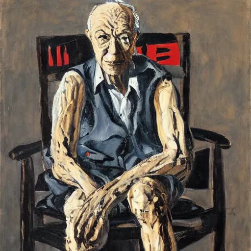 Image similar to painting of an old man sitting on a chair, waiting, by georg baselitz