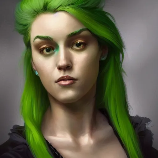 Prompt: character portrait Painting of a woman with dyed green hair, upper body, urban fantasy lighting, intricate, wild, highly detailed, digital painting, artstation, concept art, smooth, sharp focus, illustration, art by artgerm and greg rutkowski and alphonse mucha