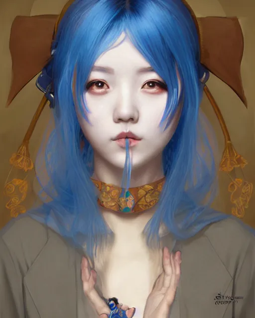 Prompt: symmetrical portrait of a pretty korean girl with blue hair dressed as alice in wonderland, digital painting, 8 k, concept art, art by wlop, artgerm, greg rutkowski and alphonse mucha