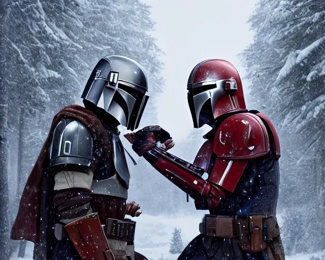 Prompt: a mandalorian with a red and grey helmet headbutts in the head a brown - haired man from side view close up, in a snowy forest setting, hard edges concept art, highly detailed, great cinematic lighting, 8 k, depth of field, 3 d, art by greg rutkowski, trending on artstation, cinematographic shot