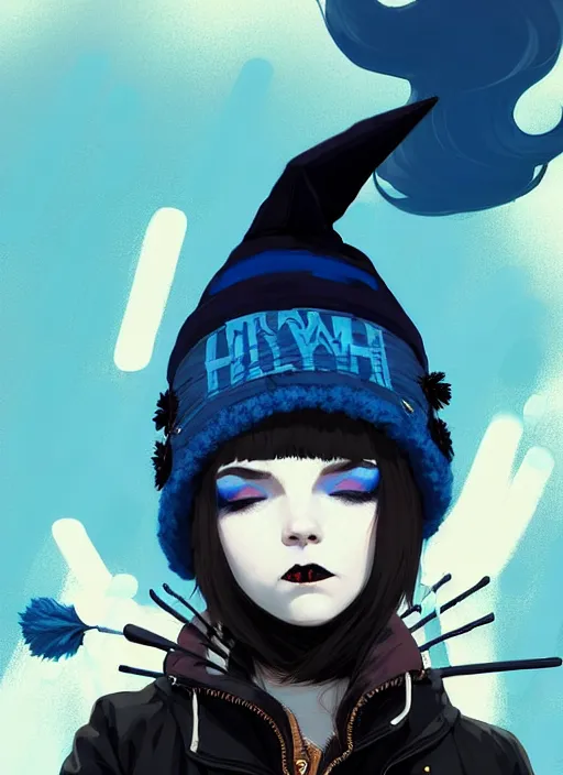 Prompt: highly detailed closeup portrait of a punk witch young lady student, blue witch hat, black parka, blue hair by atey ghailan, by greg rutkowski, by greg tocchini, by james gilleard, by joe fenton, by kaethe butcher, gradient, blue, black, brown and cream color scheme, grunge aesthetic!!! white graffiti tag wall background