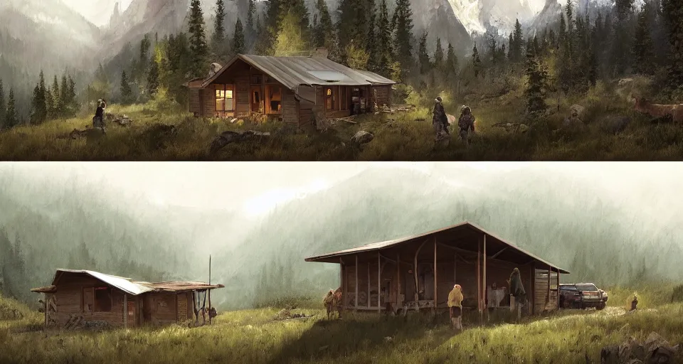 Image similar to cabela's beautiful comfortable modular insulated wall kit - house all weather family dwelling tent house, person in foreground, mountainous forested wilderness open fields, beautiful views, painterly concept art, joanna gaines, environmental concept art, farmhouse, magnolia, concept art illustration, by james gurney, by craig mullins, by greg rutkowski trending on artstation