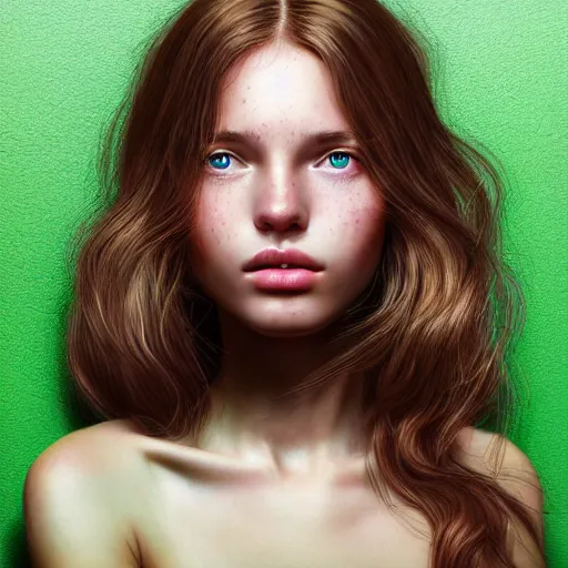 Image similar to beautiful hyperrealism hyperdetailed selfie of a cute young woman, long light bronze brown hair, flushed face, red blush, light freckles, puffy lips, soft features, emerald green eyes, 8 k, sharp focus, art by irakli nadar