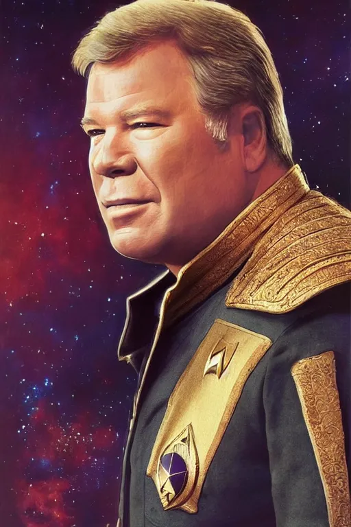 Prompt: portrait photograph of william shatner captain kirk as a glorious regal space king, sleek outfit, upper body, fantasy, handsome, depth of field, soft focus, highly detailed, intricate, realistic, national geographic cover, soft glow, textured, artstation, concept art, sharp focus, illustration, art by artgerm and greg rutkowski and alphonse mucha