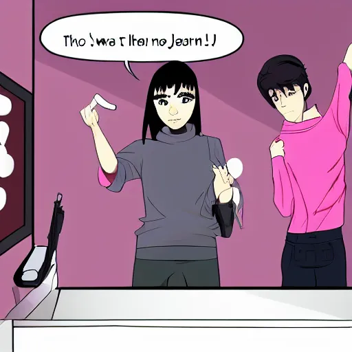 Prompt: a woman is shooting a man with a revolver, inside a dark room, the woman is standing straight up, she is wearing a pink button up shirt and black trousers, she has black hair with bangs, she is in front view, the man is wearing a hoodie and is color drained, a color drained image, cartoon, anime