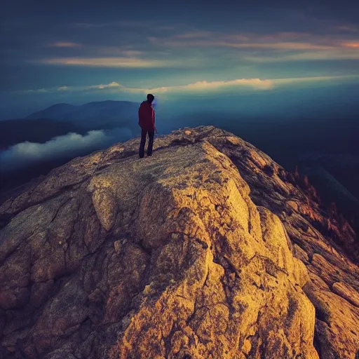 Prompt: A man stands on a mountaintop, looking into the horizon, magical, impressive, infinity, sunset light, Atmospheric phenomenon, artistic photography, muted colors, conceptual