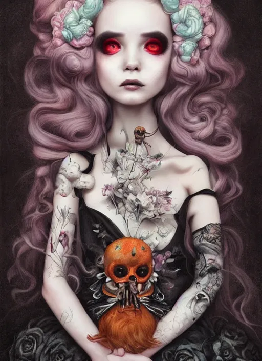 Prompt: pop surrealism, lowbrow art, realistic cute gothic black dress fashion painting, japanese street fashion, hyper realism, muted colours, rococo, natalie shau, loreta lux, tom bagshaw, mark ryden, trevor brown style,