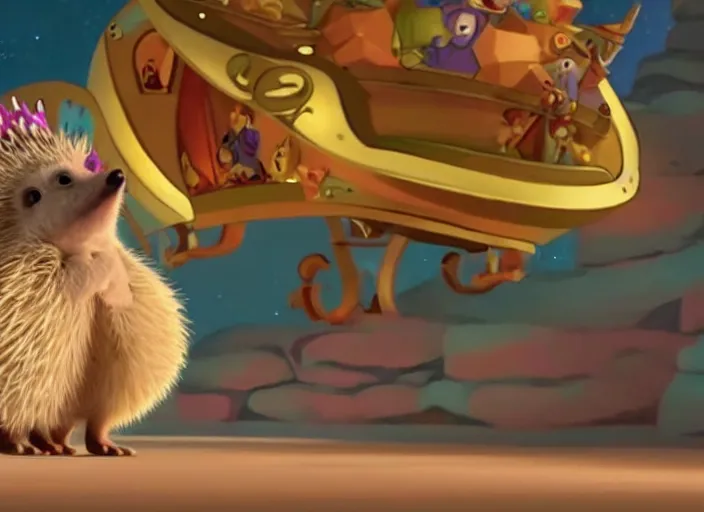 Prompt: a still from an animated disney movie from the 9 0 s, of a hedgehog wearing a crown, inside a scifi spaceship