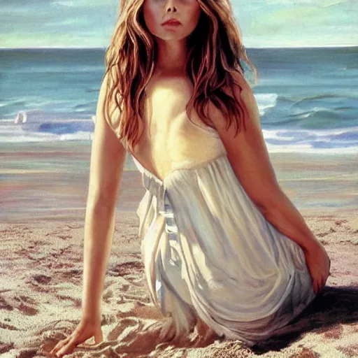Prompt: elizabeth olsen on a beach, classic painting