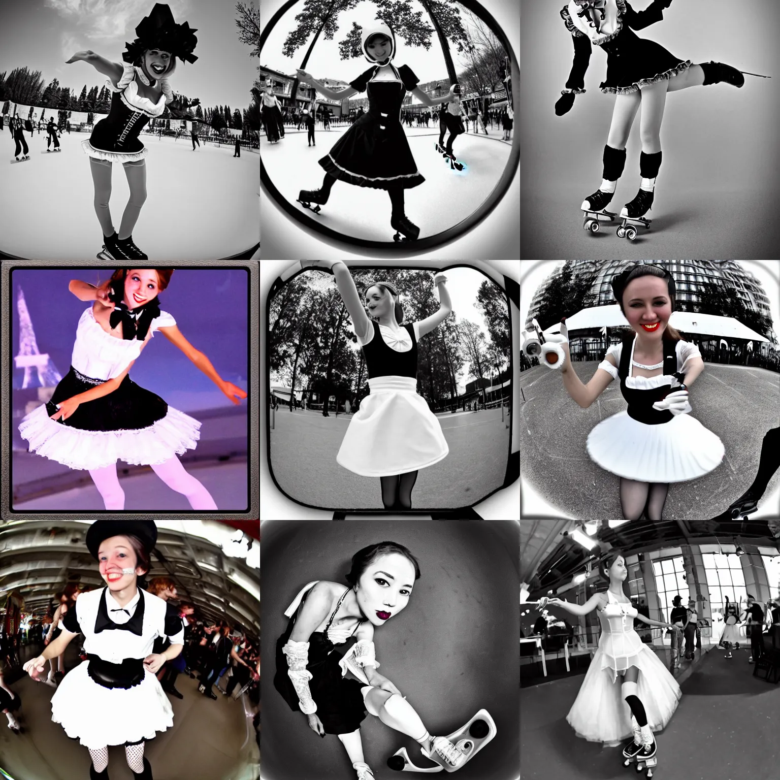 Prompt: french maid skating, fisheye lens