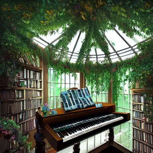 Prompt: a musical-themed bedroom in a victorian greenhouse treehouse. Pianos and instruments are in the bedroom. The bedroom is built in a giant oak tree, ornate, beautiful, atmosphere, vibe, flowers, concept art illustration, Greg rutowski, volumetric lighting, detailed