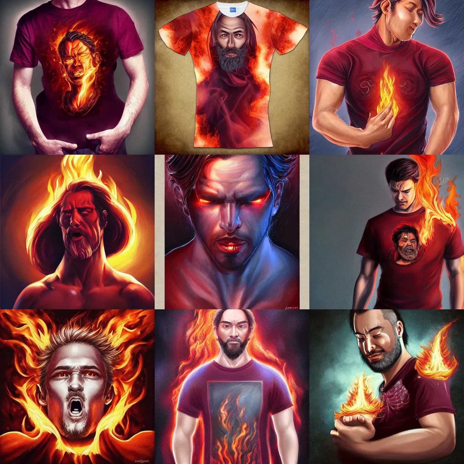 Prompt: a man in his early 4 0 s, heavenly fire is enveloping his body and a tongue of fire is coming to his head, he's wearing a t - shirt of burgundy color, art by artgerm