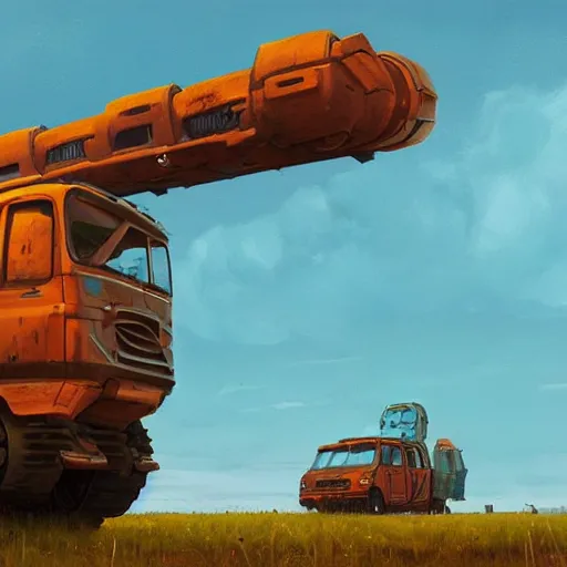Prompt: concept art of a rusty sci - fi truck, by simon stalenhag