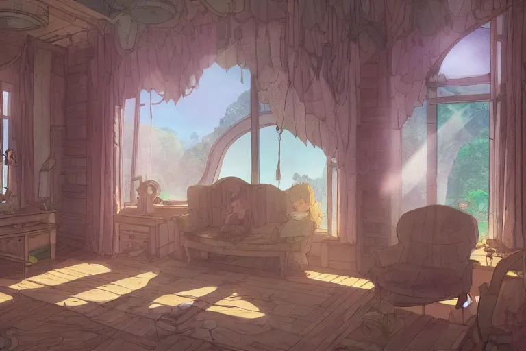 Prompt: interior wide angle shot of a fantasy countryside villa in the style of studio ghibli, moebius, makoto shinkai, dramatic volumetric lighting