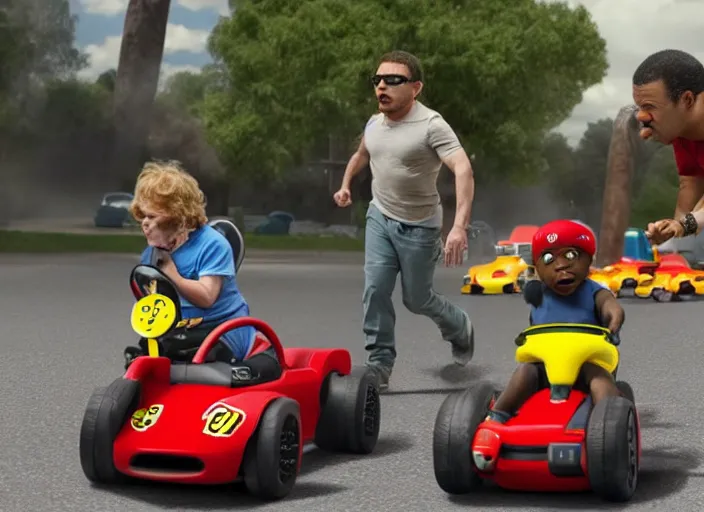 Image similar to peter dinklage racing gary coleman driving a little tikes cars, movie still, from the new fast and furious movie, 8 k, realistic