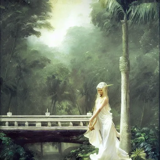 Image similar to monsoon on tropical island, oriental goddess in white, elegant, frontal, ornate, beautiful, atmosphere, vibe, mist, coconuts, rain, wet, pristine, puddles, melting, dripping, snow, creek, lush, ice, bridge, forest, roses, flowers, by stanley artgerm lau, greg rutkowski, francisco de goya