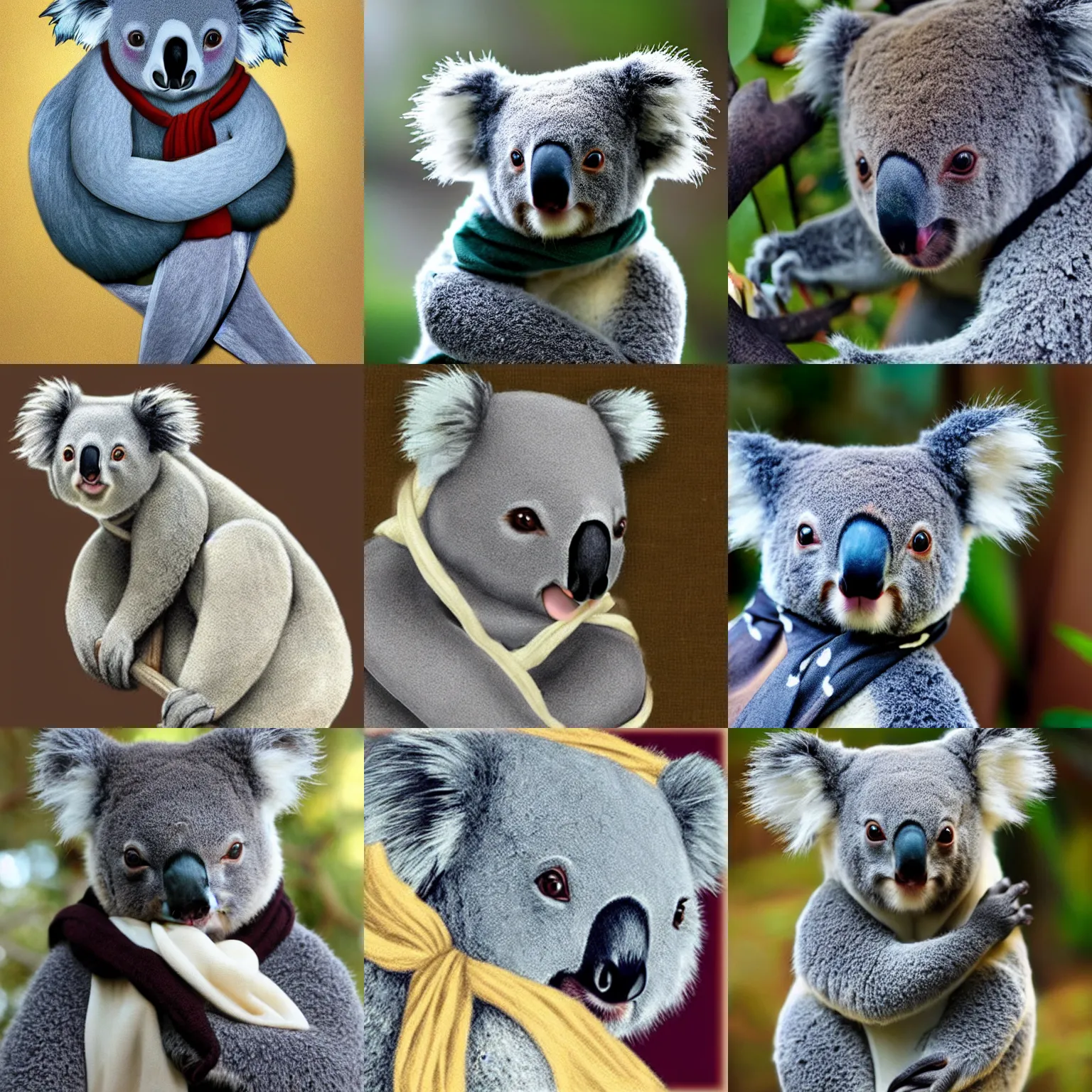 Prompt: koala using a scarf, realistic