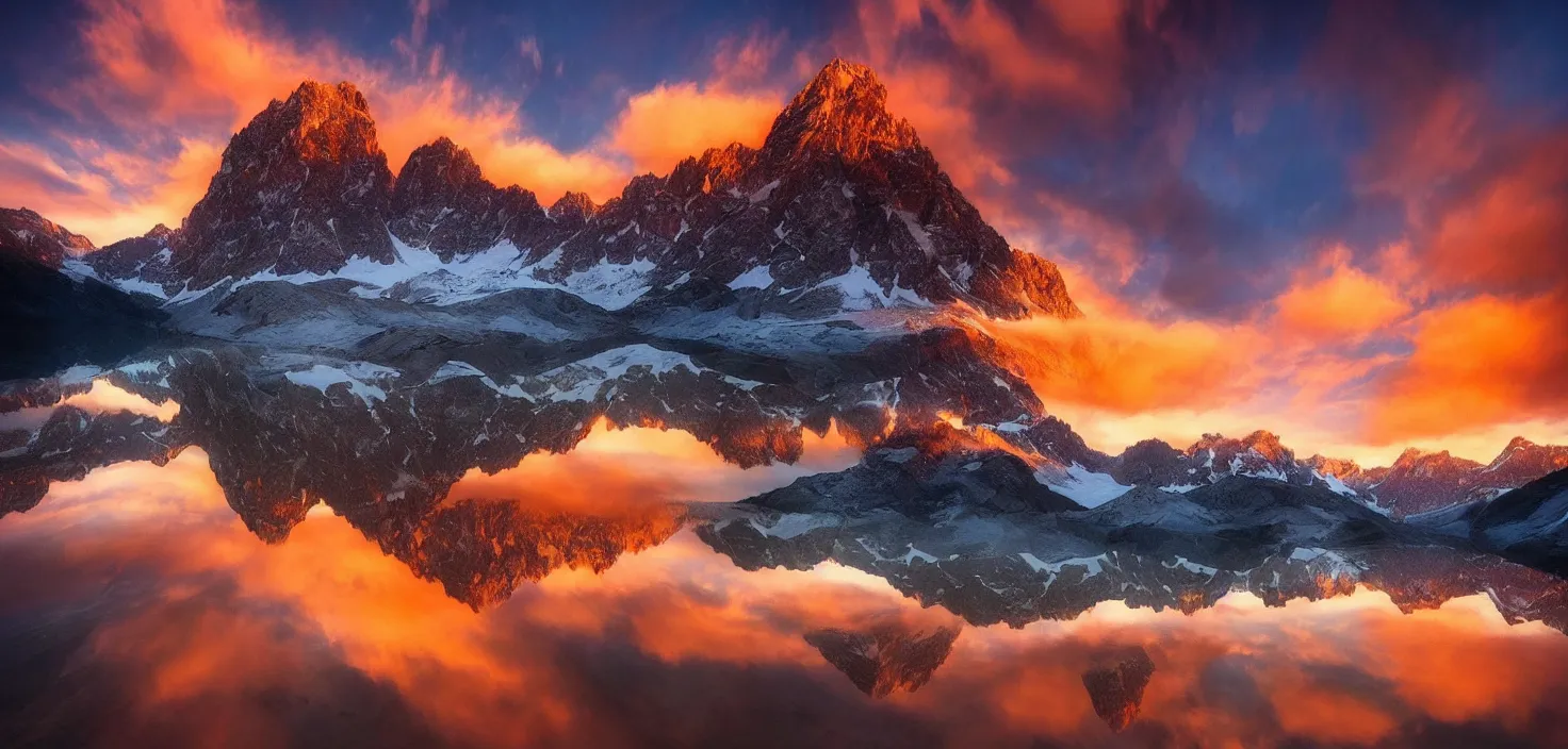 Image similar to amazing landscape photo of mountains with lake in sunset by marc adamus, beautiful dramatic lighting