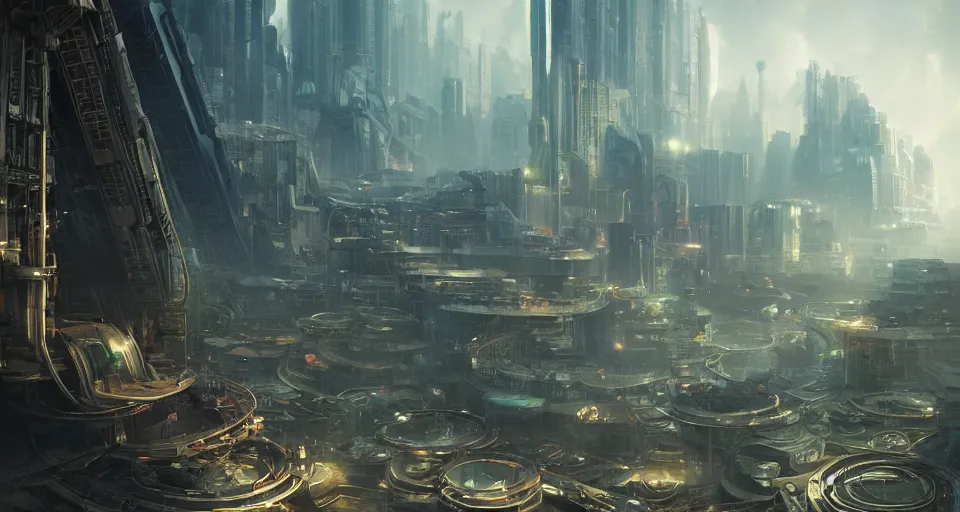 Prompt: hyper realistic sci - fi matte concept art painting of utopian paradise city made from giant stacks of disks, beautiful details, low angle, strong composition painted by andree wallin, smooth, intricate, detailed, sharp focus, cinematic