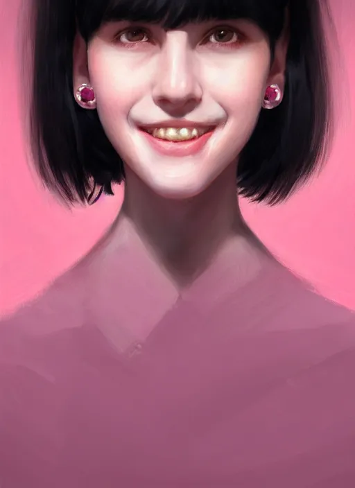 Image similar to portrait of high school girl, realistic, black hair, bangs, half updo hairstyle, pointy nose, skinny, smile, ugly, defined jawline, big chin, pink hair bow, earrings, intricate, elegant, glowing lights, highly detailed, digital painting, artstation, sharp focus, illustration, art by wlop, mars ravelo and greg rutkowski